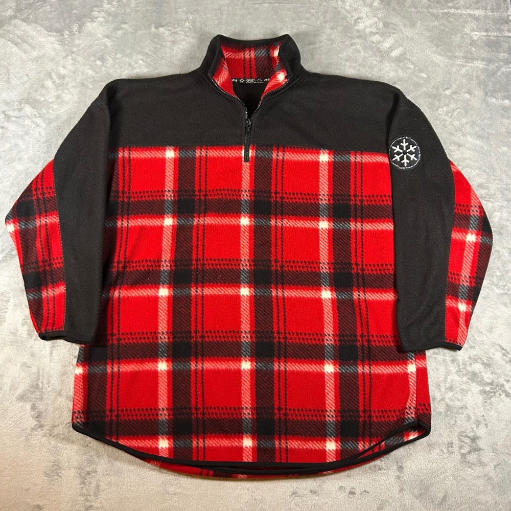 Venezia Sport Red Black Plaid Fleece Quarter Zip Pullover Snowflake Patch XL